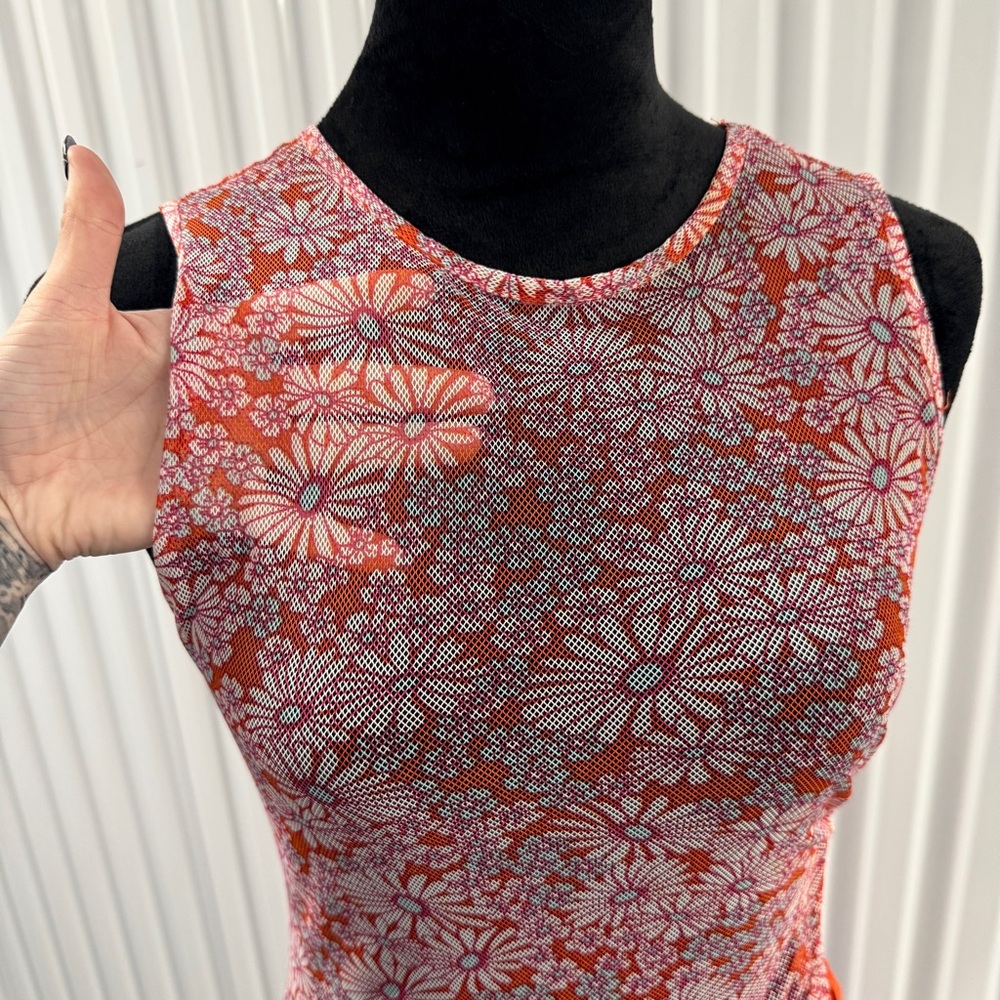 Forever 21 Women’s Orange Floral Sheer Mesh Maxi Sleeveless Dress Size Large - Picture 2 of 6